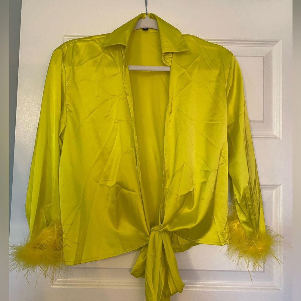 Fuzzy cuff satin shirt